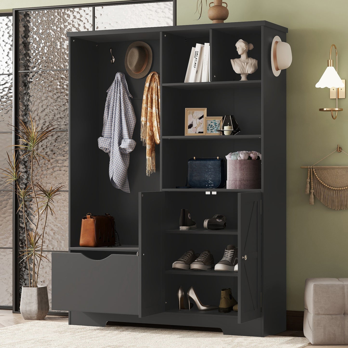 Multi-functional Hall Tree with Storage Shelves Drawers and Cabinet, Elegant Hallway Shoe Cabinet with Bench Modern Black