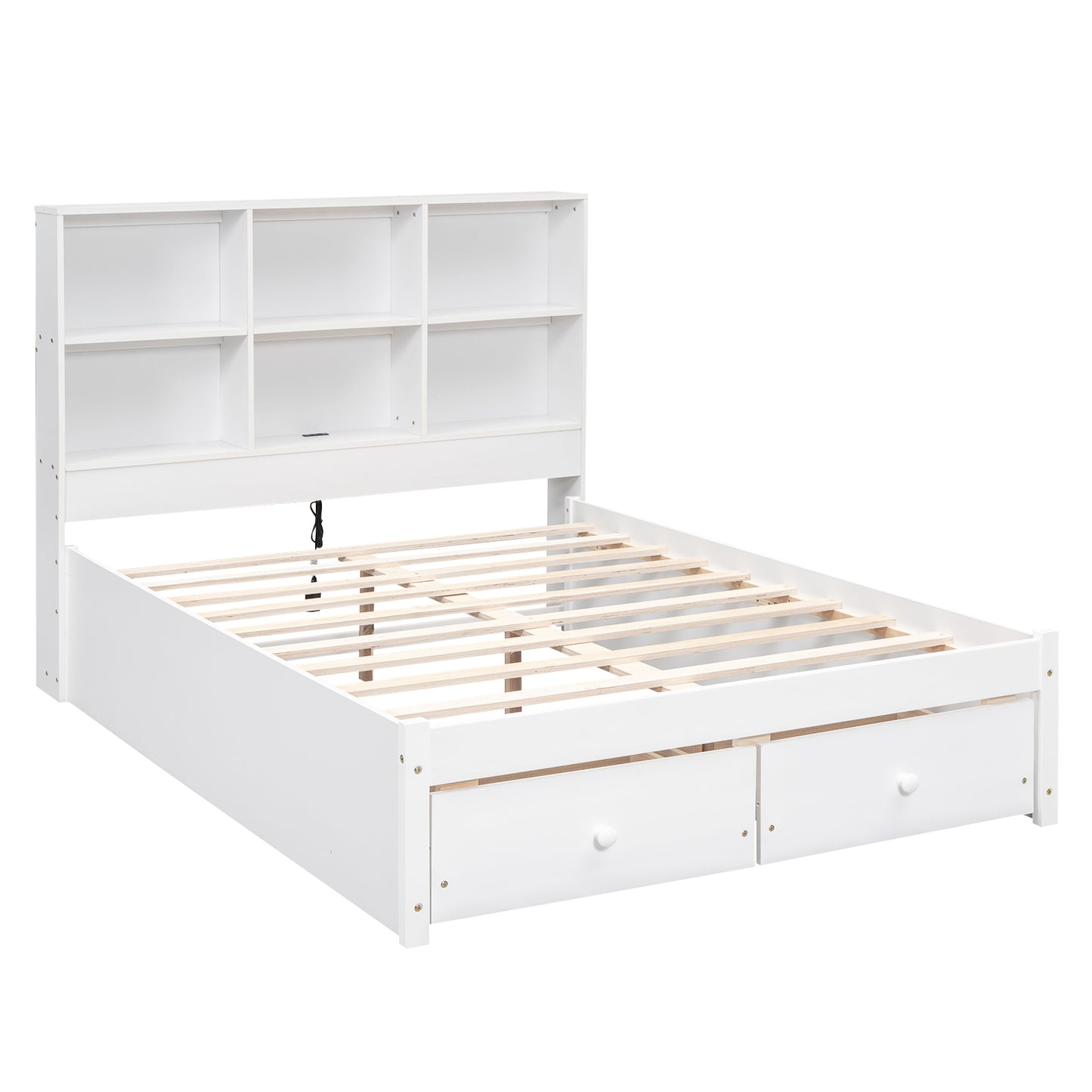 Full Size Platform Bed with Storage Headboard, Charging Station and 2 Drawers White