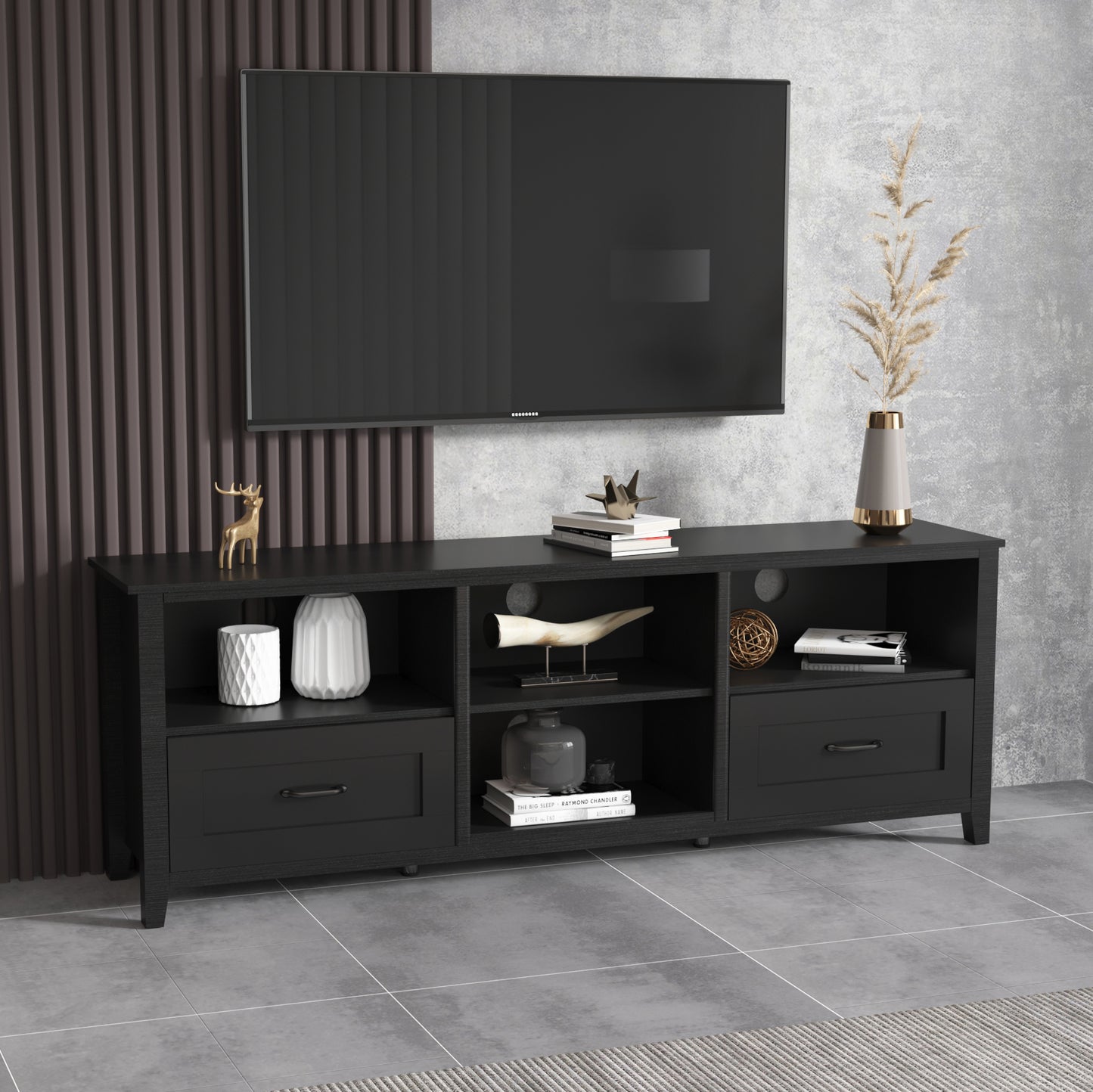 Mueble de TV negro de 70 pulgadas con 2 cajones y 4 compartimentos de almacenamiento, perfecto para salas de estar y dormitorios