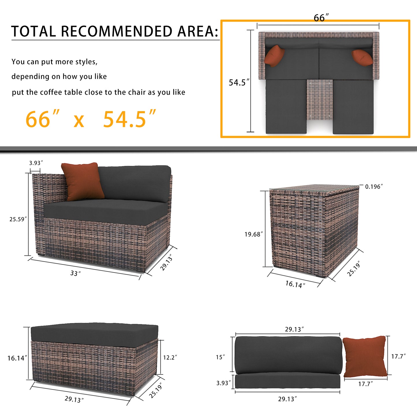 5 Pieces Outdoor Patio Garden Brown Wicker Sectional Conversation Sofa Set