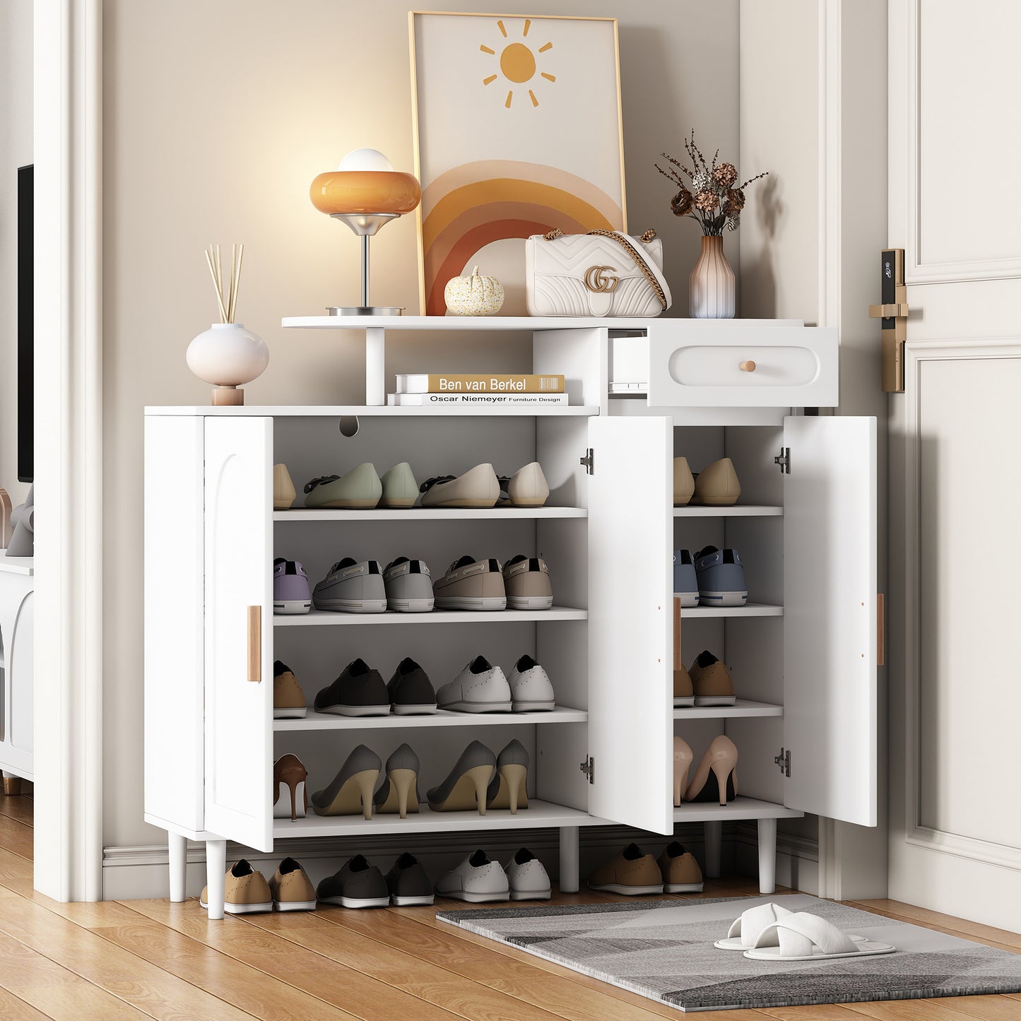 ON-TRANS Elegant Shoe Cabinet with Arched Doors and Drawers, Storage Side Panels, Adjustable Shelves and Solid Wood Legs, White