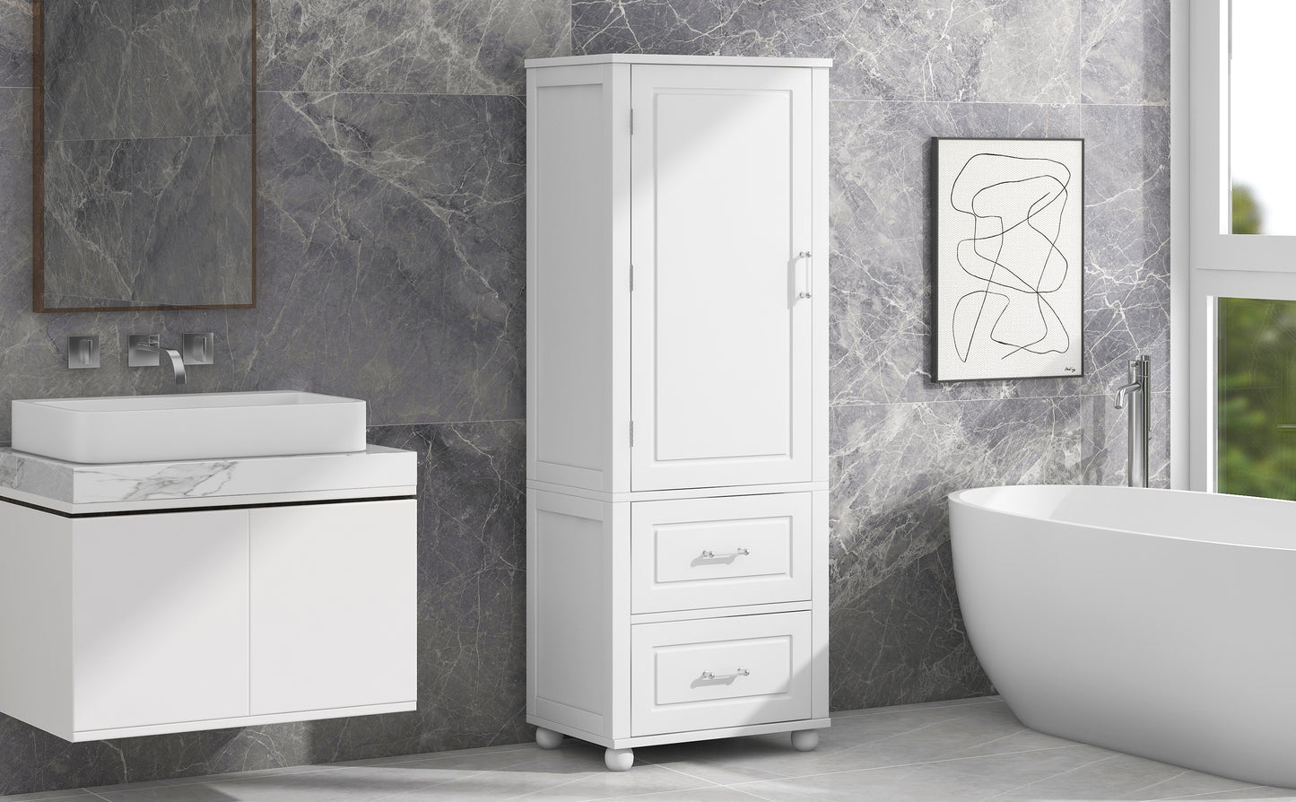 Tall Bathroom Storage Cabinet with 2 Drawers and Adjustable Shelf, White MDF Board Design