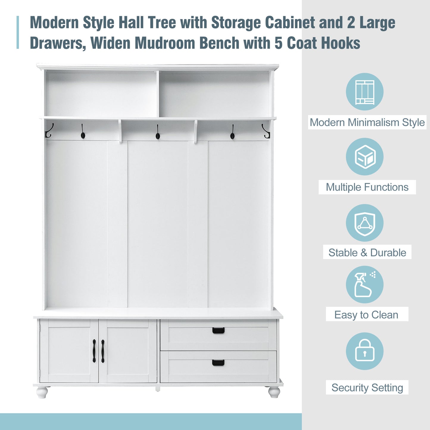 ON-TREND Modern Hall Tree with Storage Cabinet, 2 Large Drawers, and 5 Coat Hooks, White