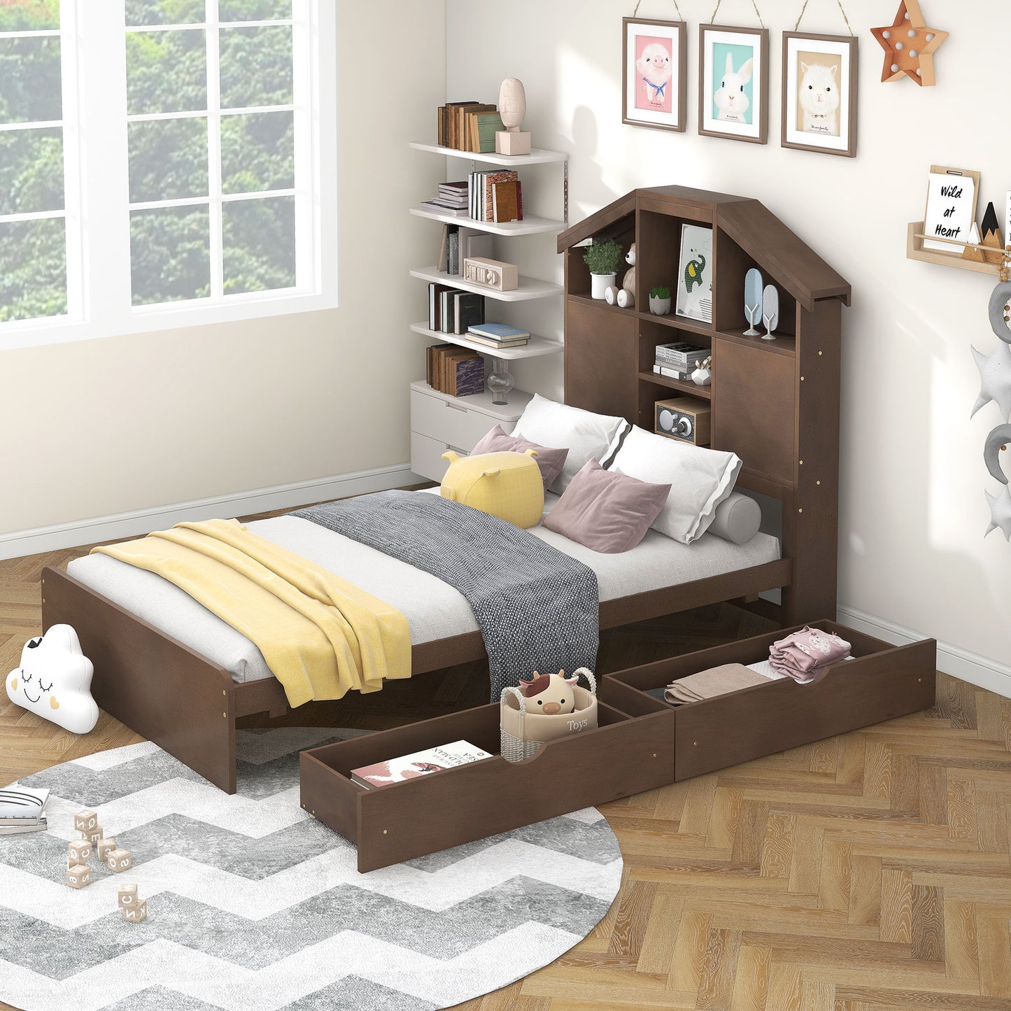 Twin Size Wood Platform Bed with House-shaped Storage Headboard and 2 Drawers Walnut