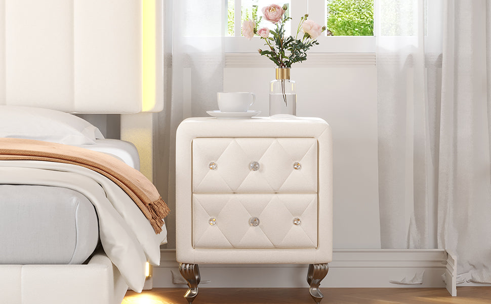 Elegant PU bedside table with 2 drawers and crystal handles, storage with metal legs - white