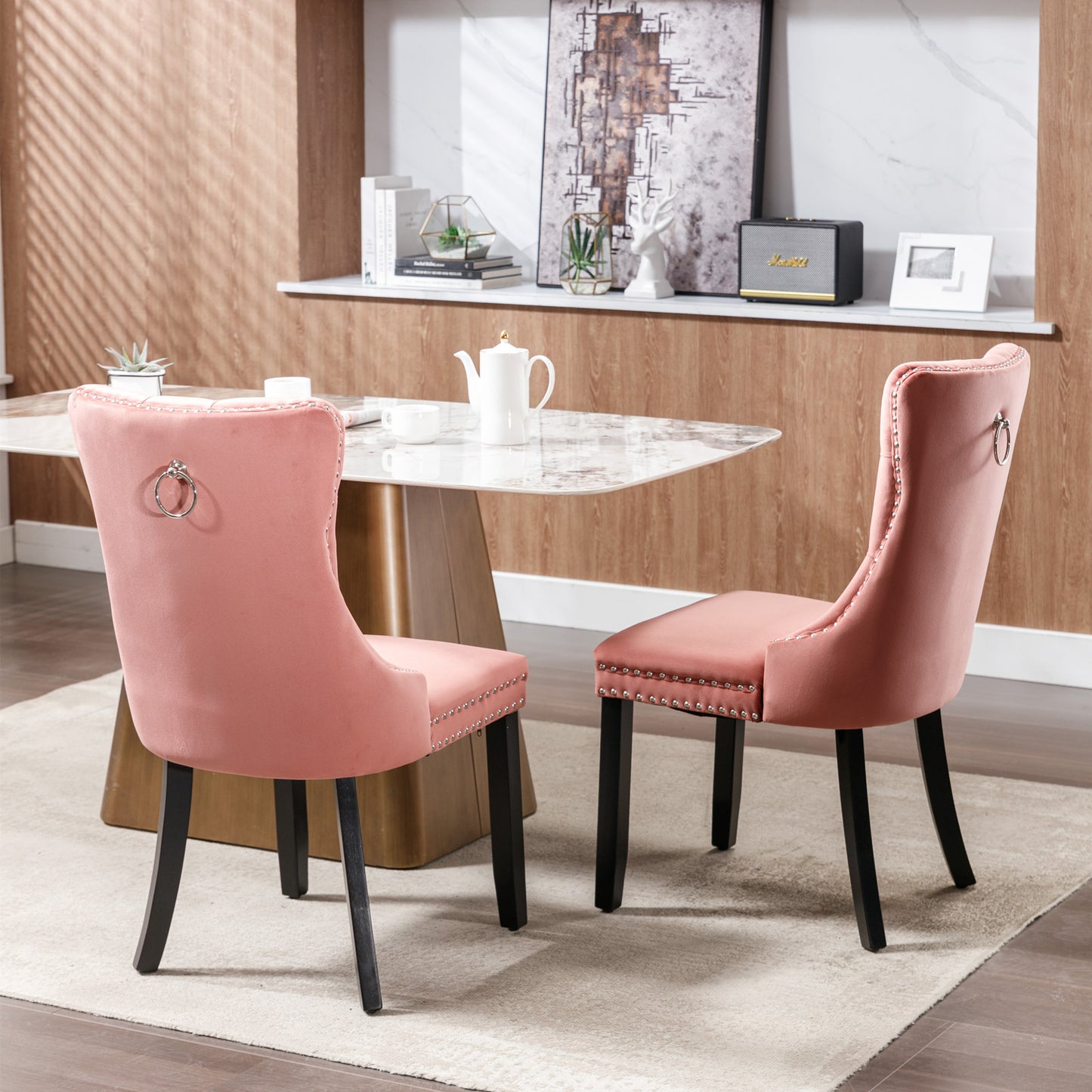 High-end Tufted Solid Wood Contemporary Velvet Upholstered Dining Chair with Wood Legs Nailhead Trim 2-Pcs Set Pink