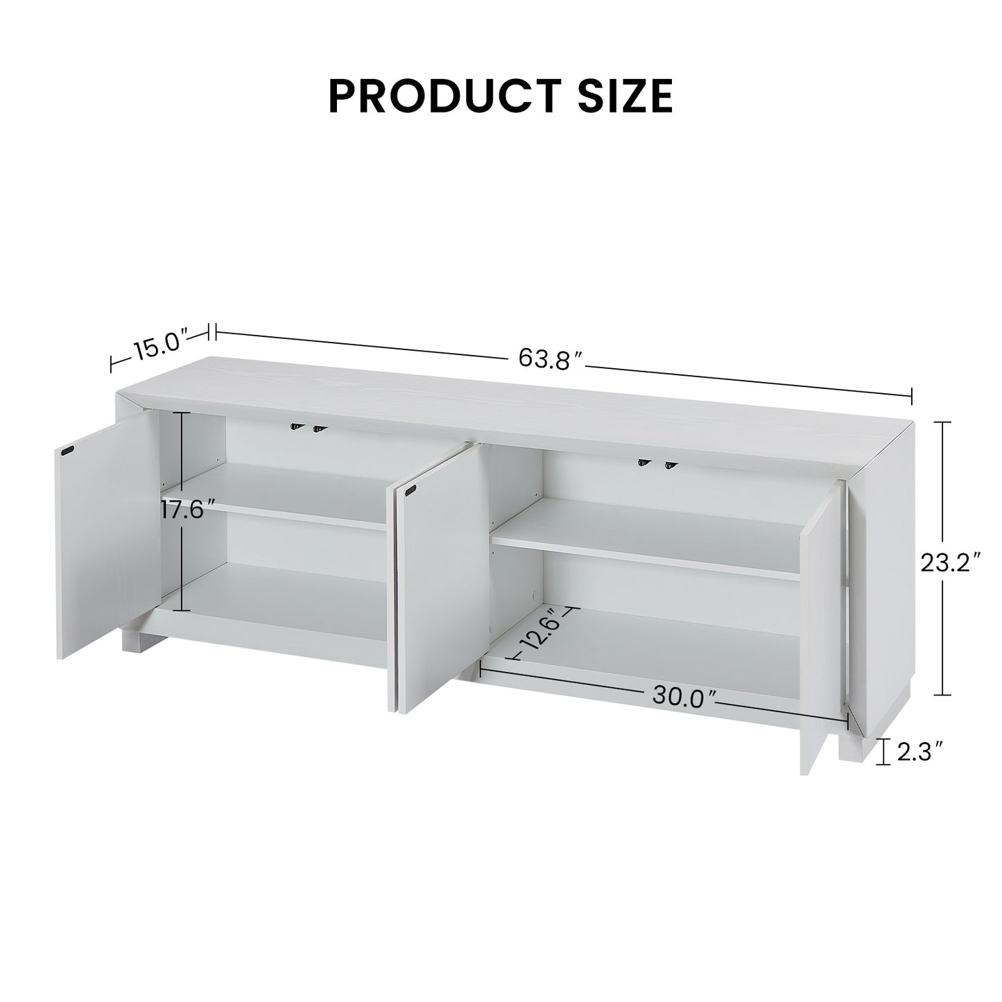 Side panel storage cabinet, TV stand, modern style cabinet, white, 64 inches wide x 15 inches deep x 23.23 inches high.