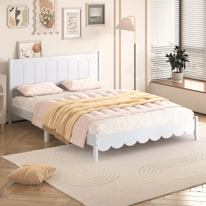 Queen Size Wood Platform Bed Frame, Retro Style Bed with Rectangular Headboard,No Need Box Spring,White