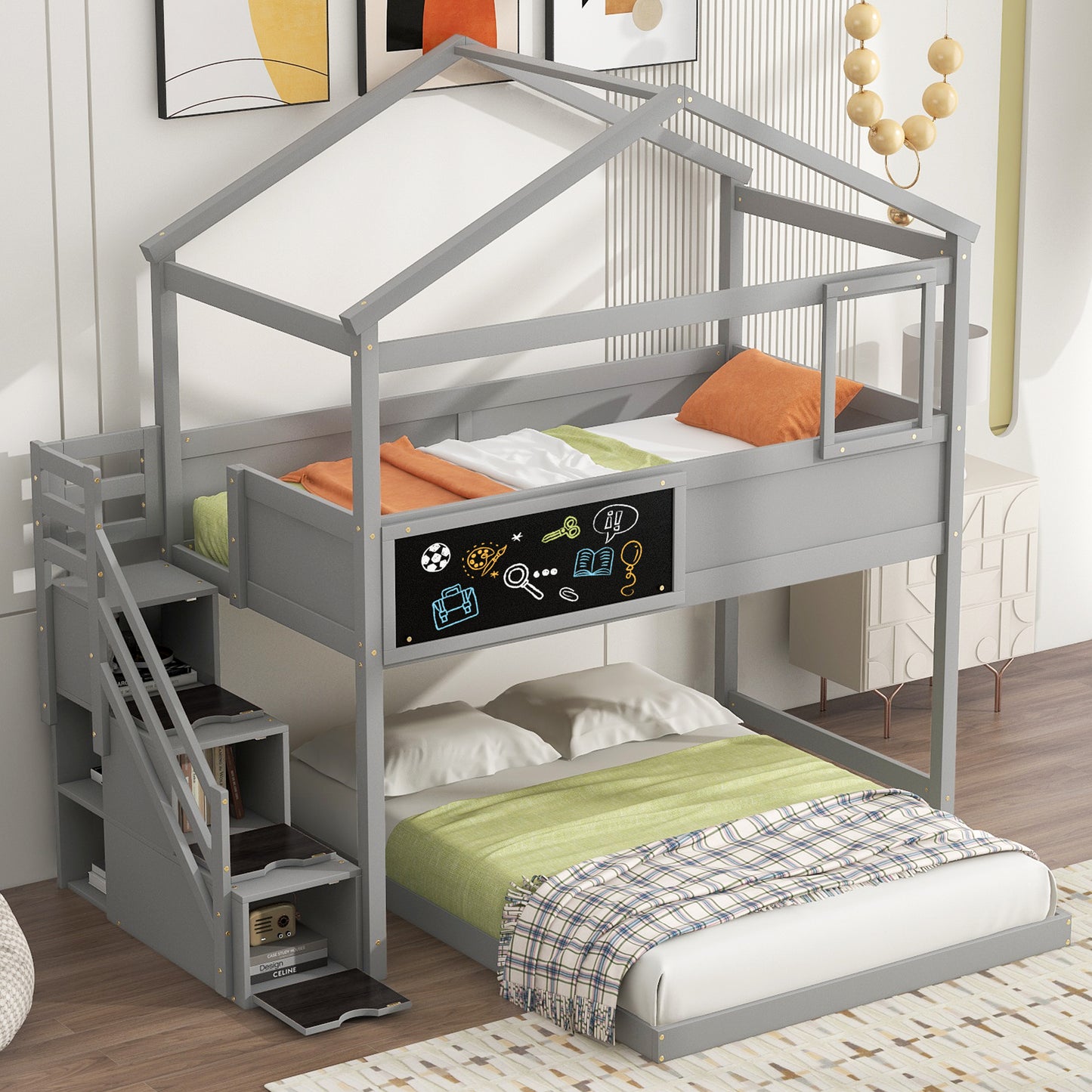 Twin over Full House Bunk Bed with Storage Staircase and Blackboard, Gray Finish