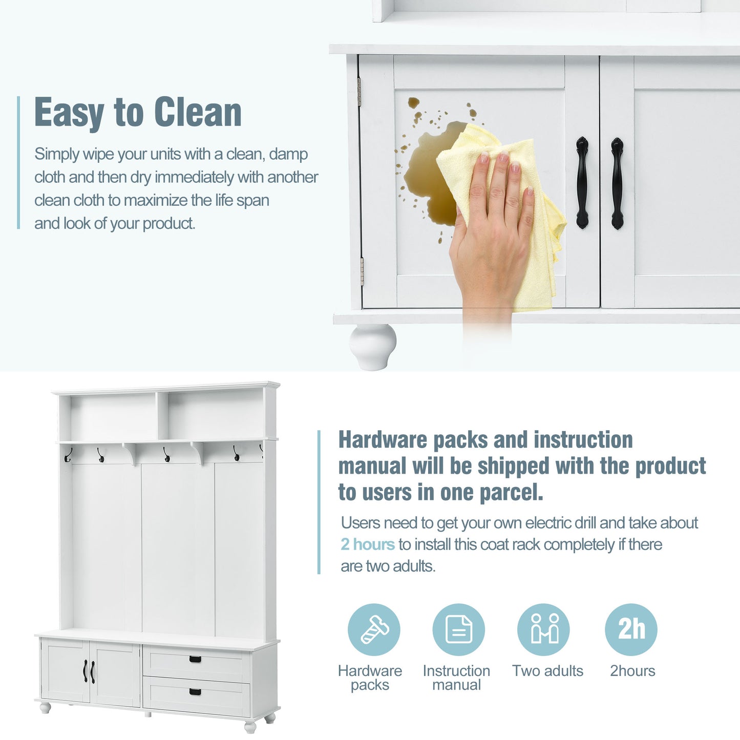 ON-TREND Modern Hall Tree with Storage Cabinet, 2 Large Drawers, and 5 Coat Hooks, White