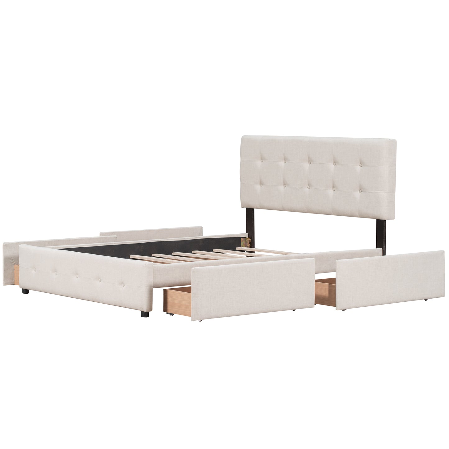 Upholstered Platform Bed with Classic Headboard and 4 Drawers No Box Spring Needed Linen Fabric Queen Size Beige