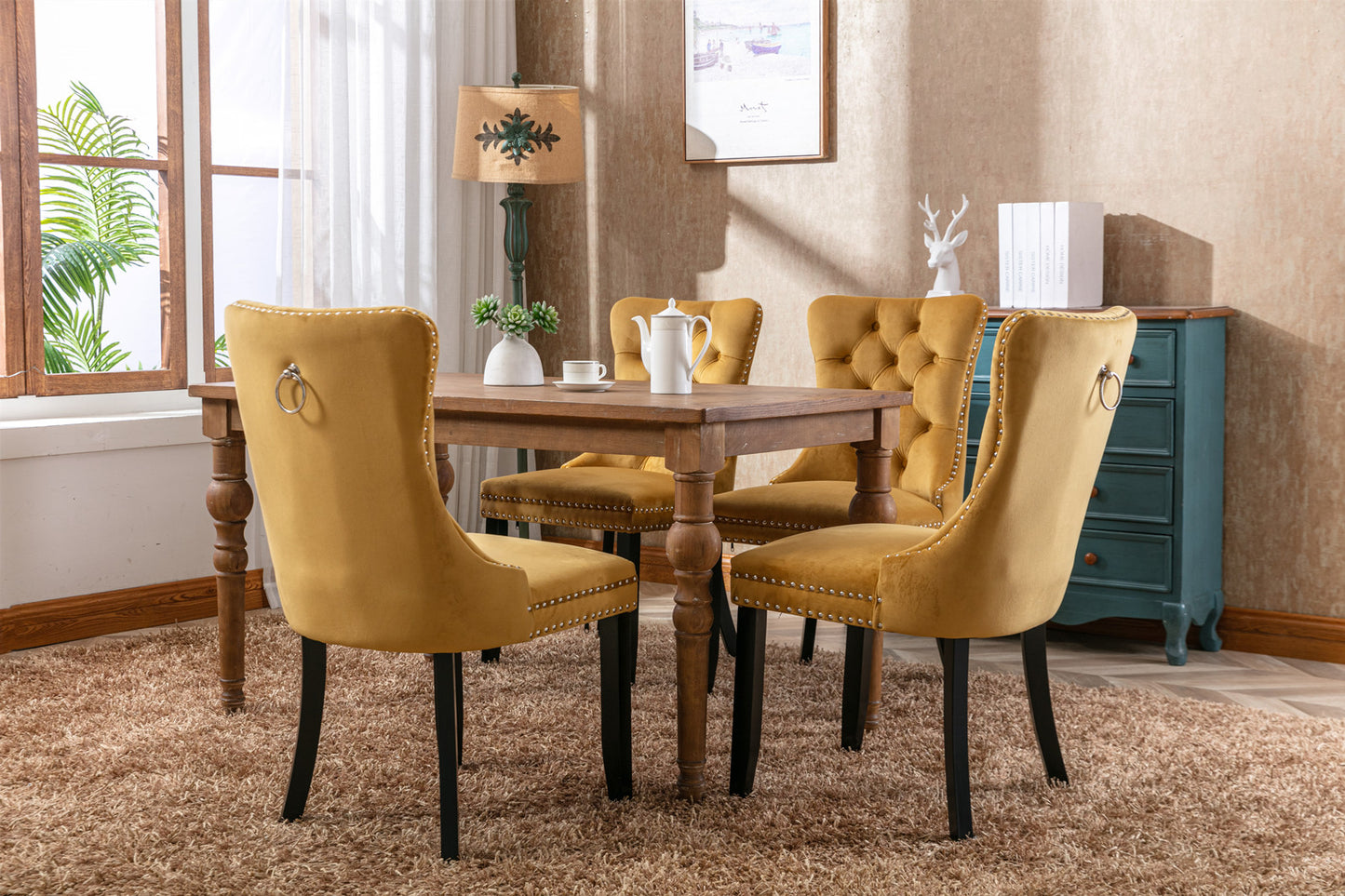 High-end Tufted Solid Wood Contemporary Velvet Upholstered Dining Chair with Wood Legs Nailhead Trim 2-Pcs Set Gloden