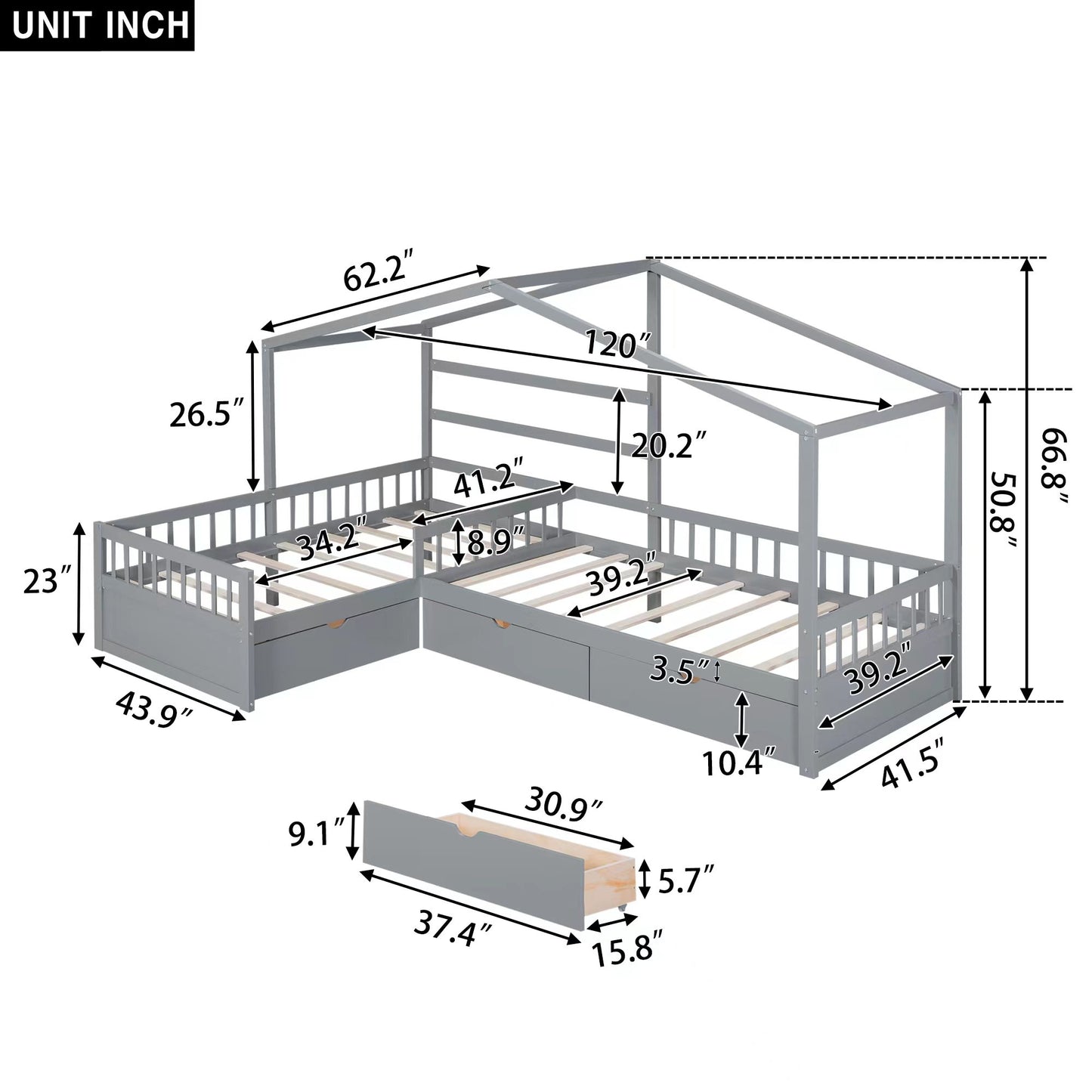 Twin Size House Platform Bed with Three Storage Drawers Gray