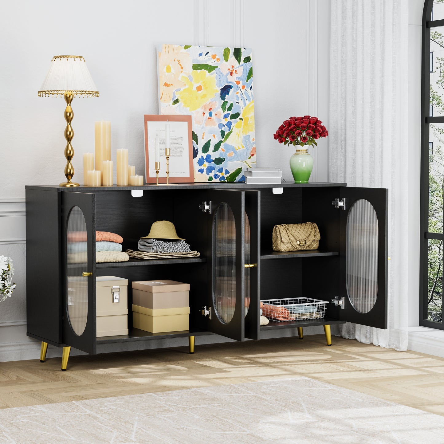 Modern Accent Sideboard Cabinet with Acrylic Doors, Freestanding Storage Cupboard in Black Finish