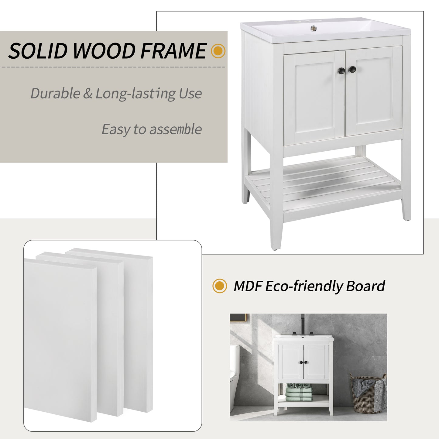 Bathroom Vanity Base Only, Soild Wood Frame, Bathroom Storage Cabinet with Doors and Open Shelf, White