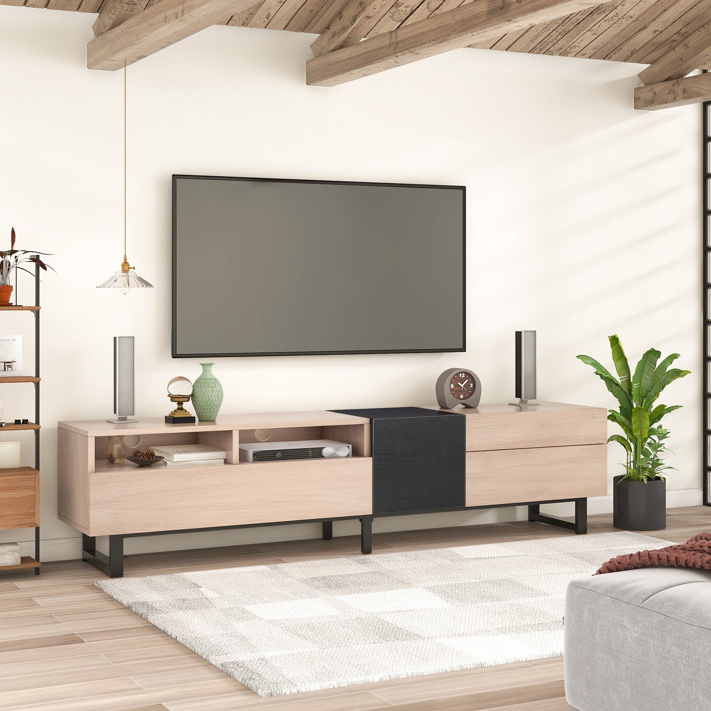 Modern TV Stand for 80'-Inch TVs, Double Storage Space Media Console, Table Entertainment Center with Drop Down Door