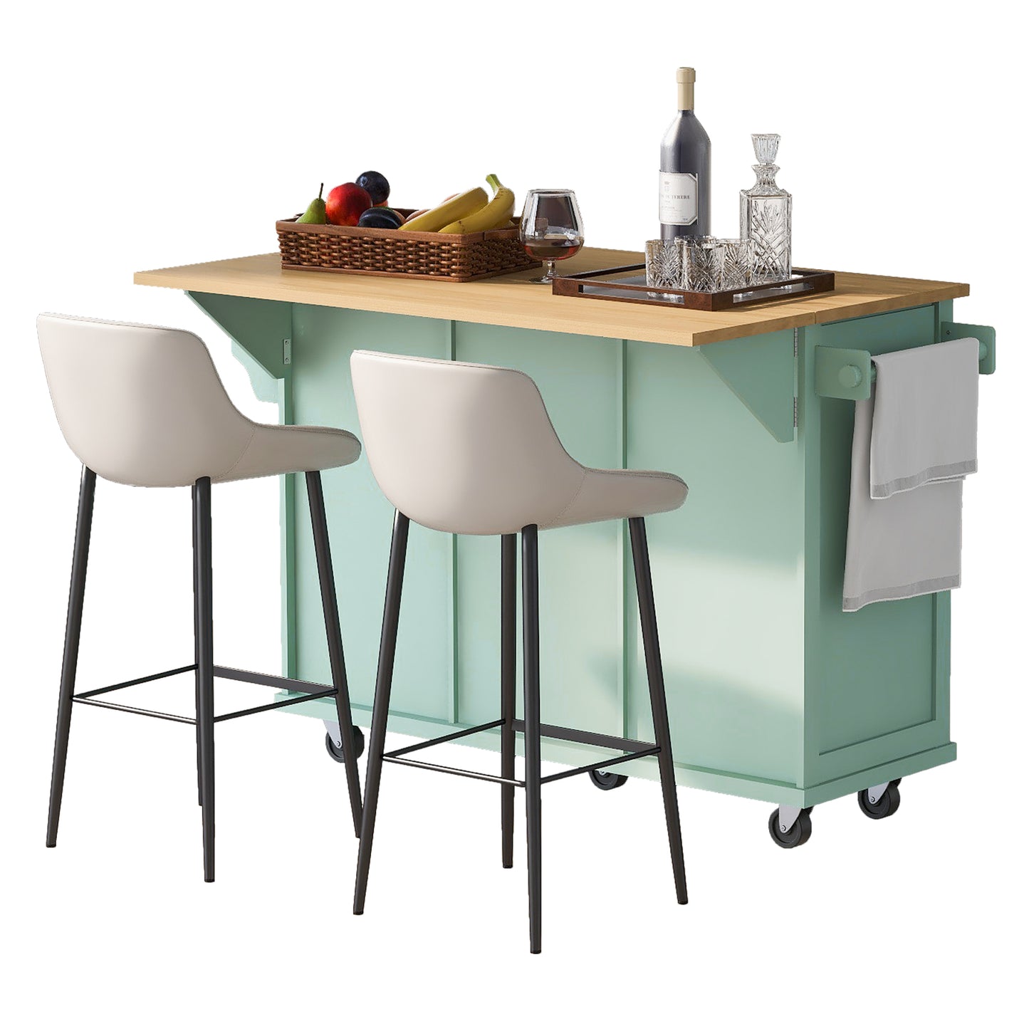 Kitchen trolley, cabinet door internal storage rack with storage cabinet and 3 dining room drawers, mint green