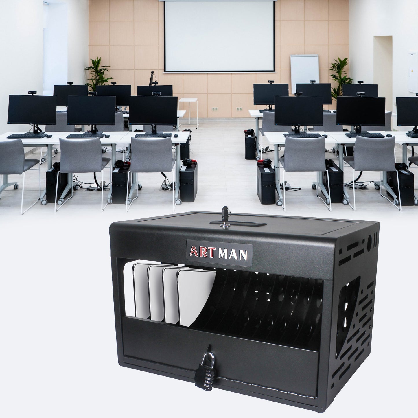 16-Bay Charging Cabinet for Laptops and Chromebooks, Locking Charging Station for Offices