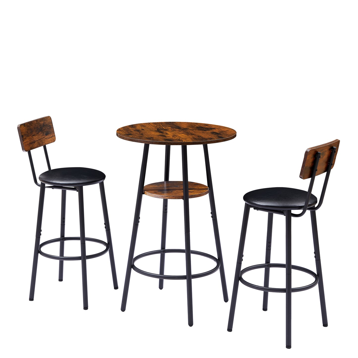 Round bar stool set with shelf upholstered stool with backrest Rustic Brown 23.62'' W x 23.62'' D x 35.43'' H