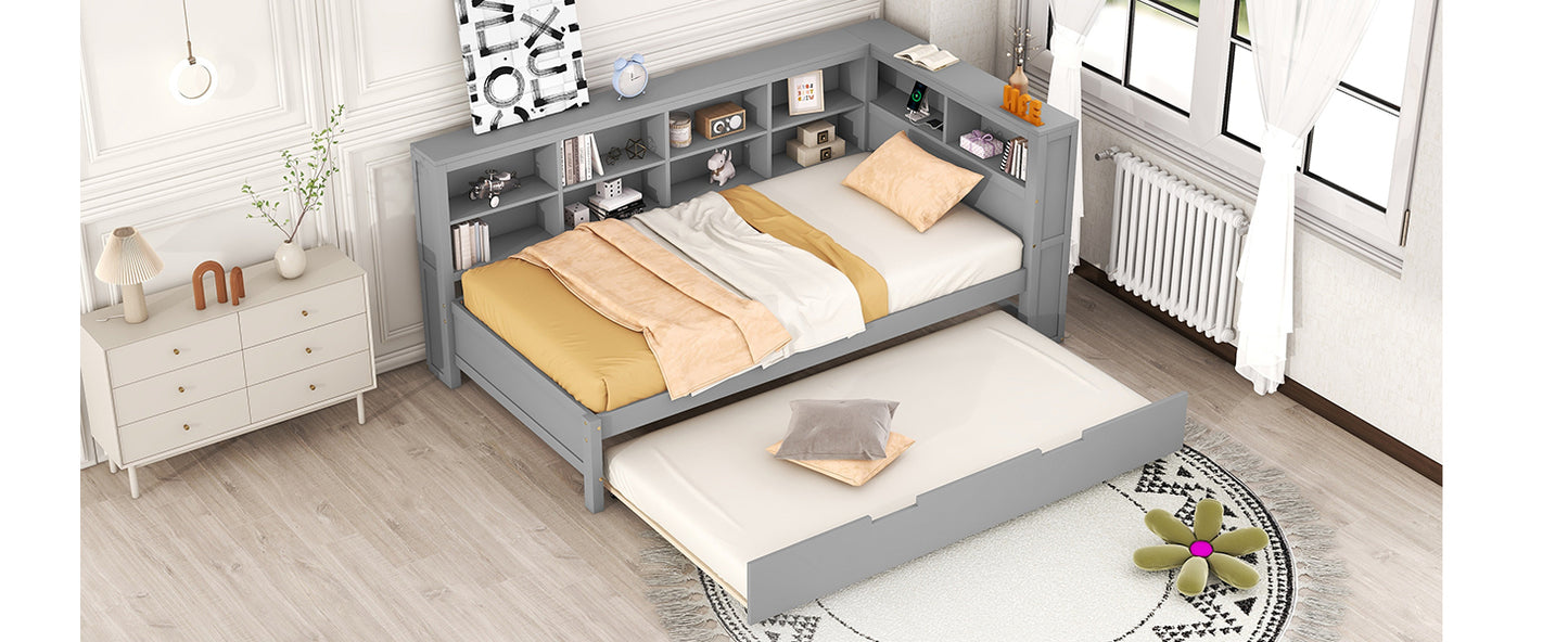 Wooden Twin Size DayBed with Twin Size Trundle, DayBed with Storage Shelf and USB Charging Ports,Grey