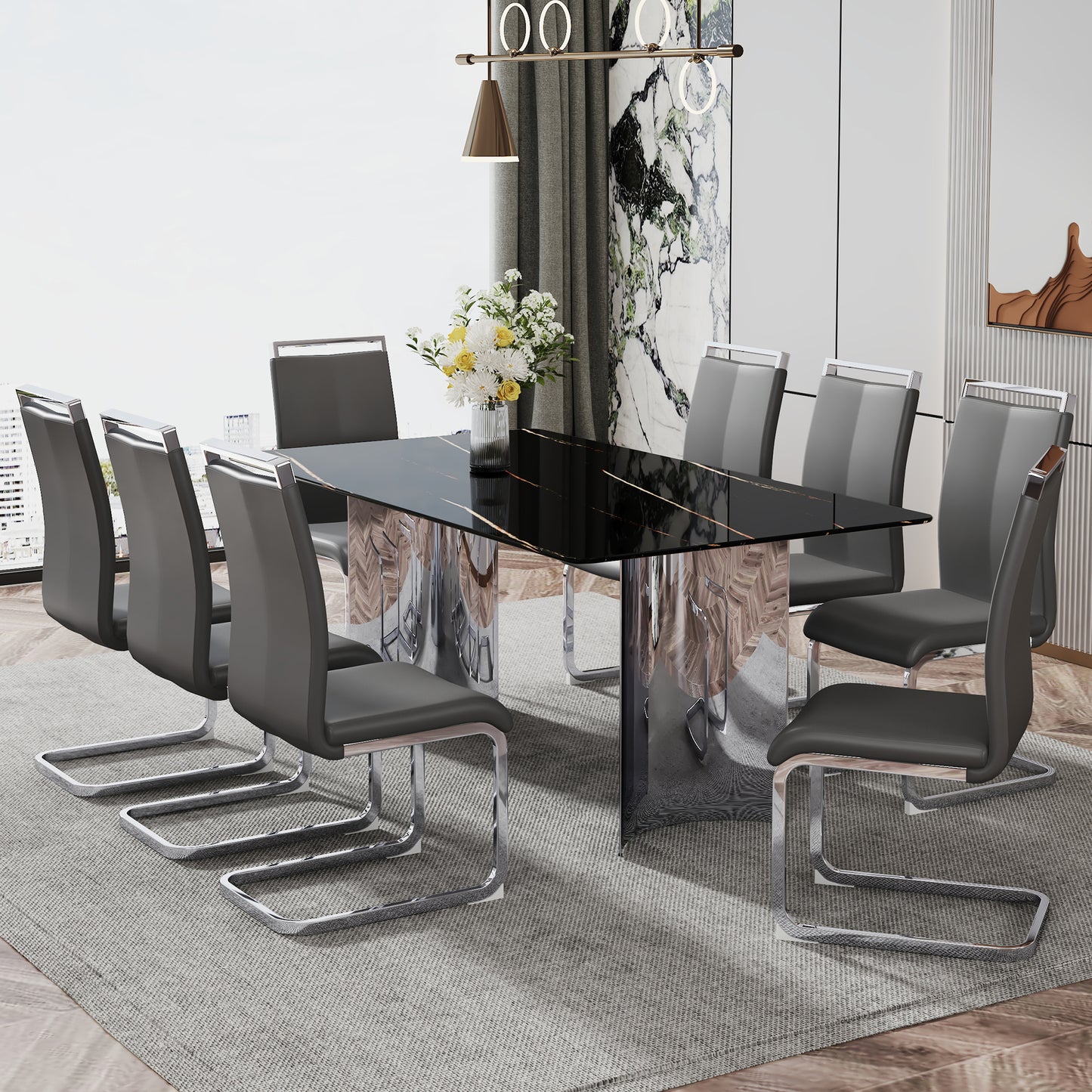 Modern minimalist dining table The black imitation marble glass desktop is equipped with silver metal legs