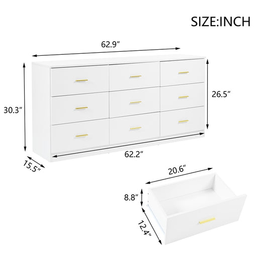 Modern White 9-Drawer Dresser, Wide Chest of Drawers with Ample Storage for Bedrooms