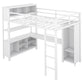 Metal loft bed with wardrobe and L-shaped desk, full-size loft bed with storage cabinet and shelf, white