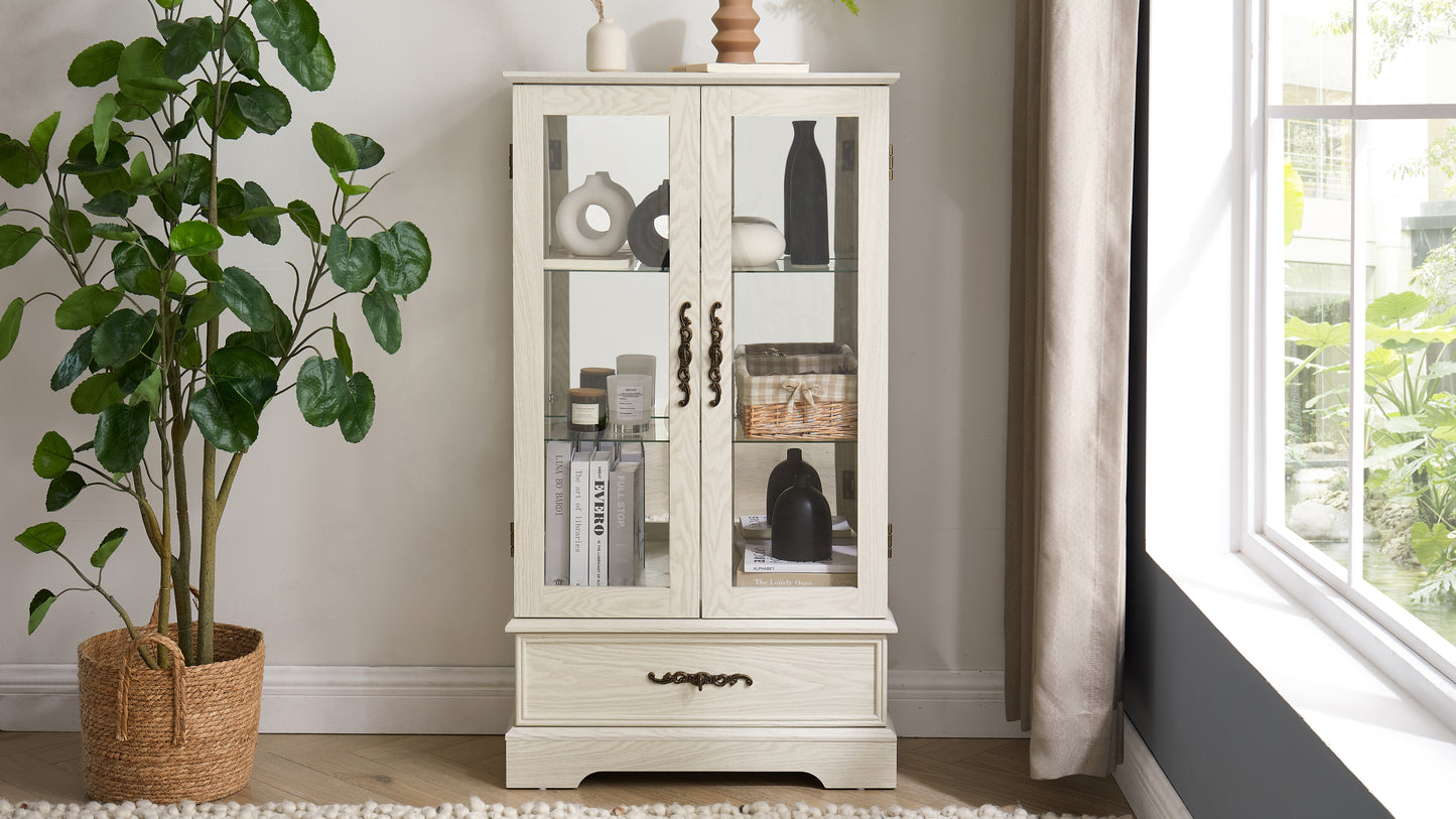 Light colored glass cabinet Curio display cabinet with adjustable glass frame, 2 doors and 1 drawer, including white light bulbs