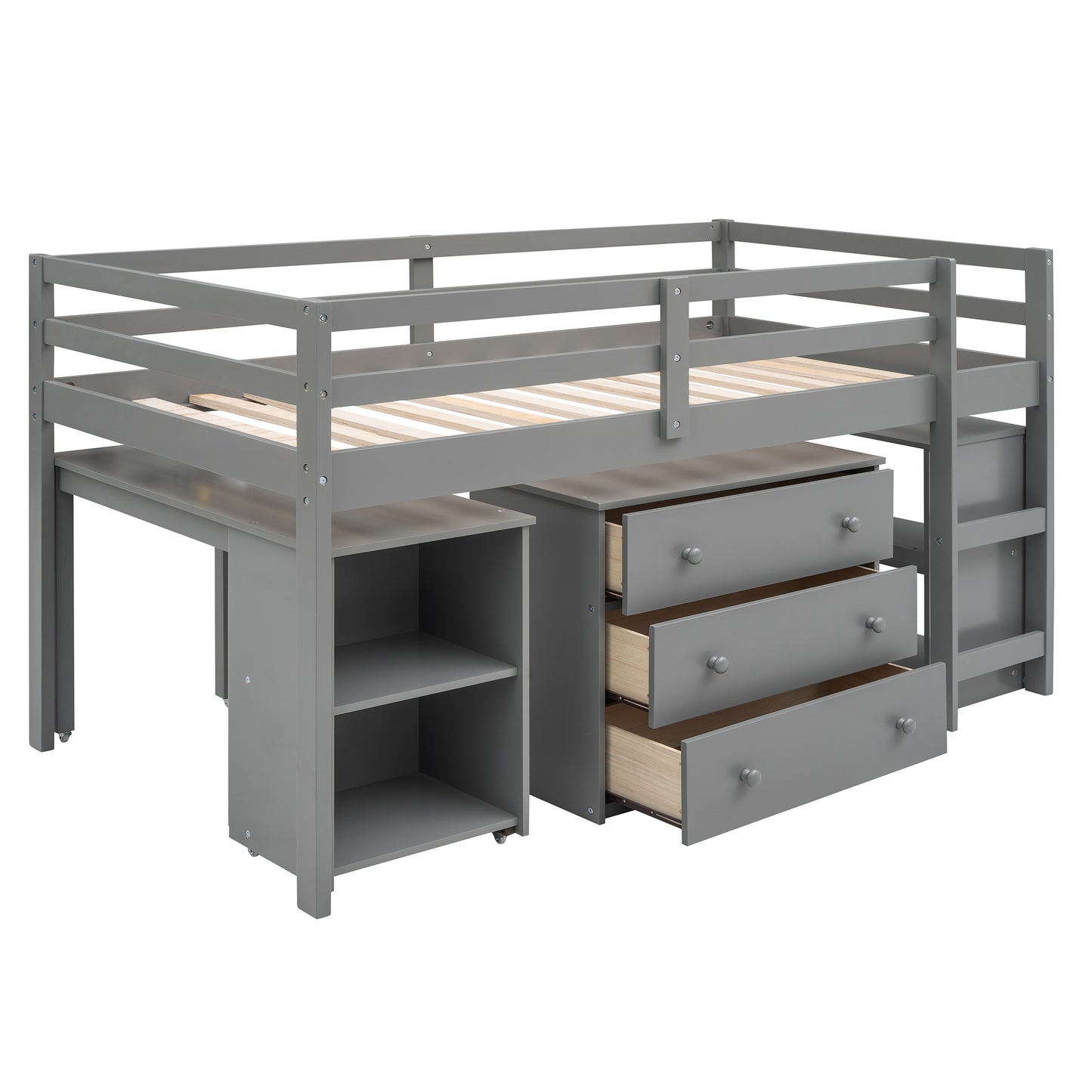 Low Study Twin Loft Bed with Cabinet and Rolling Portable Desk - Gray (OLD SKU :LP000113AAE)