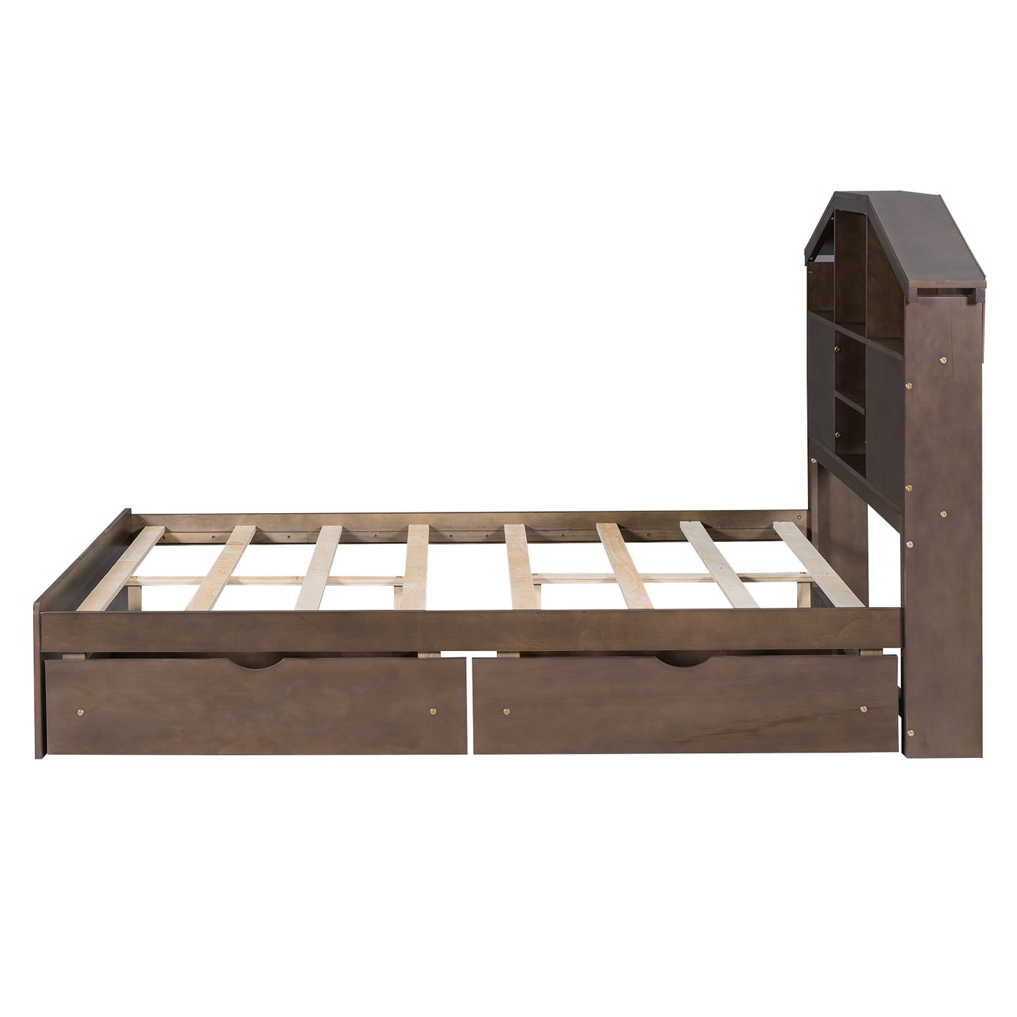 Full Size Wood Platform Bed with House-shaped Storage Headboard and 2 Drawers Walnut