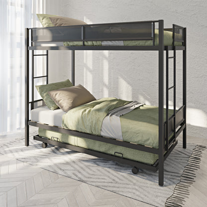 Metal double bed with casters/sturdy frame/no noise/comfortable guardrail/2 side ladders/no need for spring box