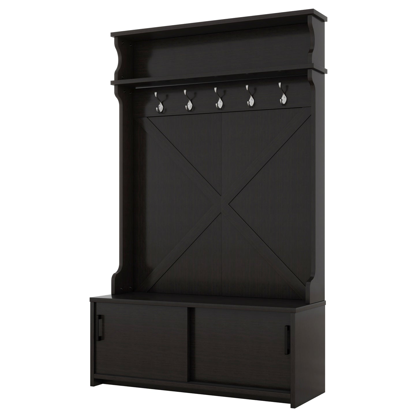 Hall Tree with Roof Rack and Storage Platform, Corridor Shoe Cabinet with Sliding Door and 5 Hooks, Black