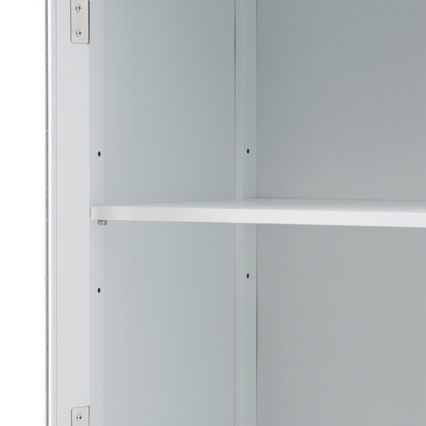 High bathroom storage cabinet with glass door, freestanding, two drawers and adjustable shelves, MDF board, painted white