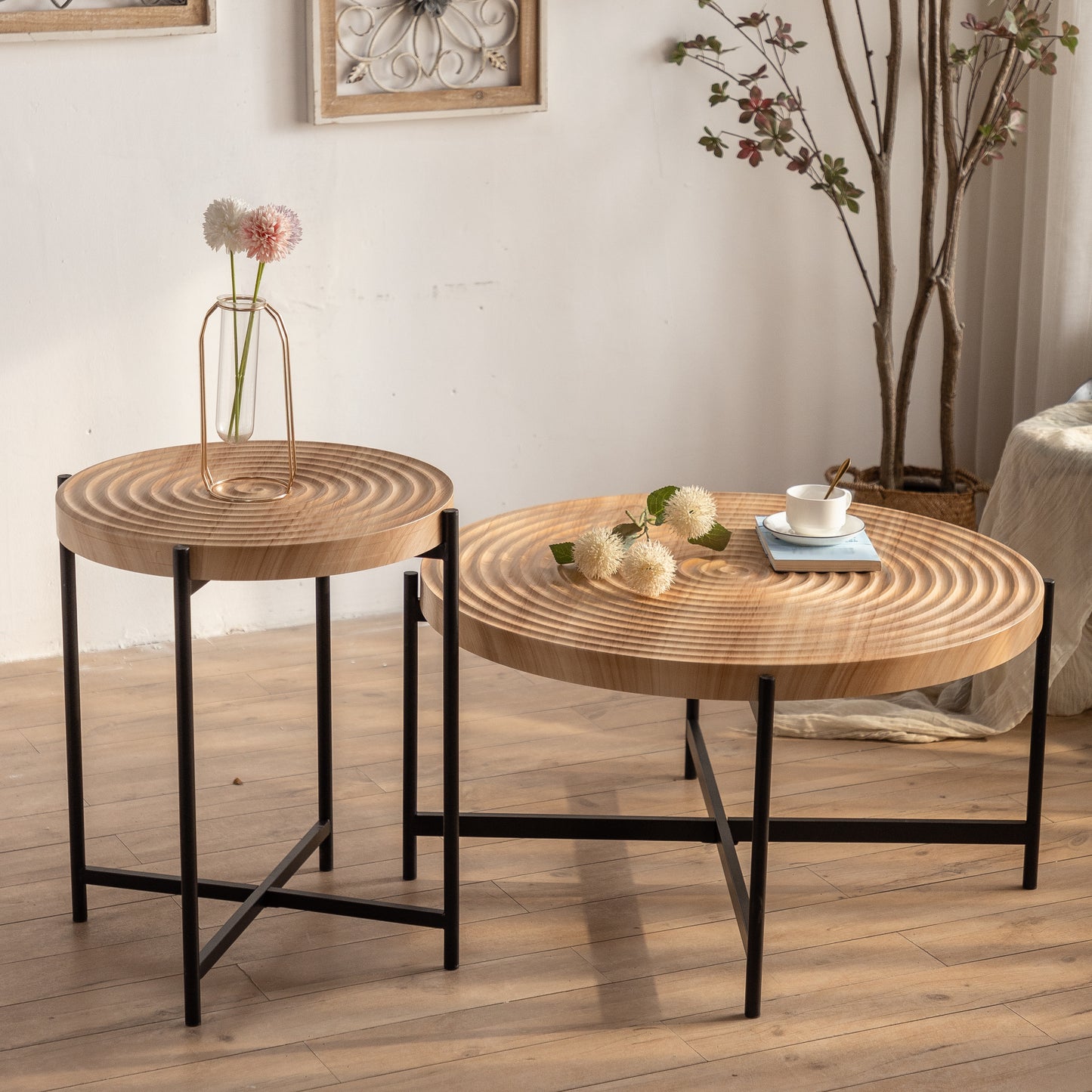 Modern Thread Design Round Coffee Table, MDF Tabletop with Cross-Leg Metal Base, Set of 2