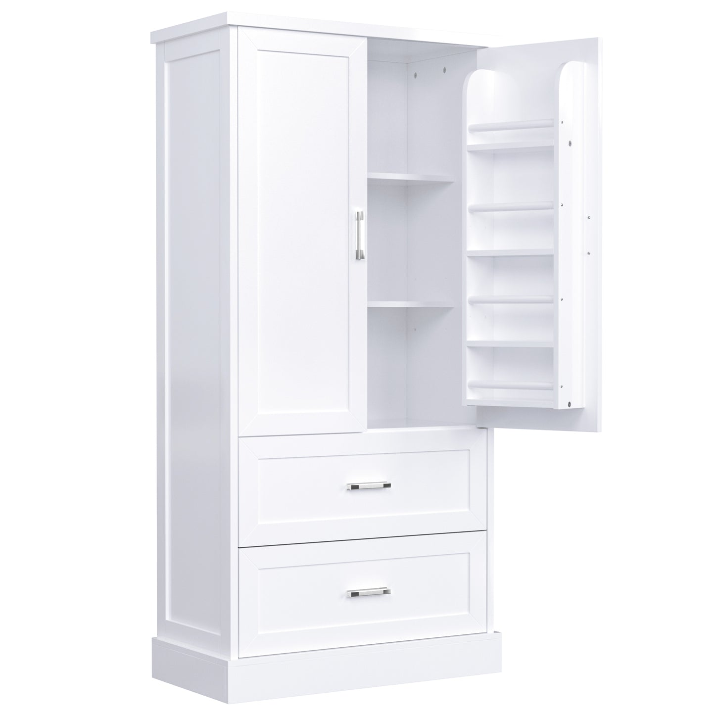 Tall Bathroom Storage Cabinet with Two Doors and Drawers, Adjustable Shelf, MDF Board, White Finish