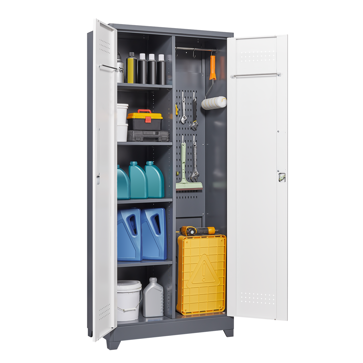 Metal storage cabinets, lockable cleaning tool cabinets, high broom tool organizers, and large storage cabinets in storage store