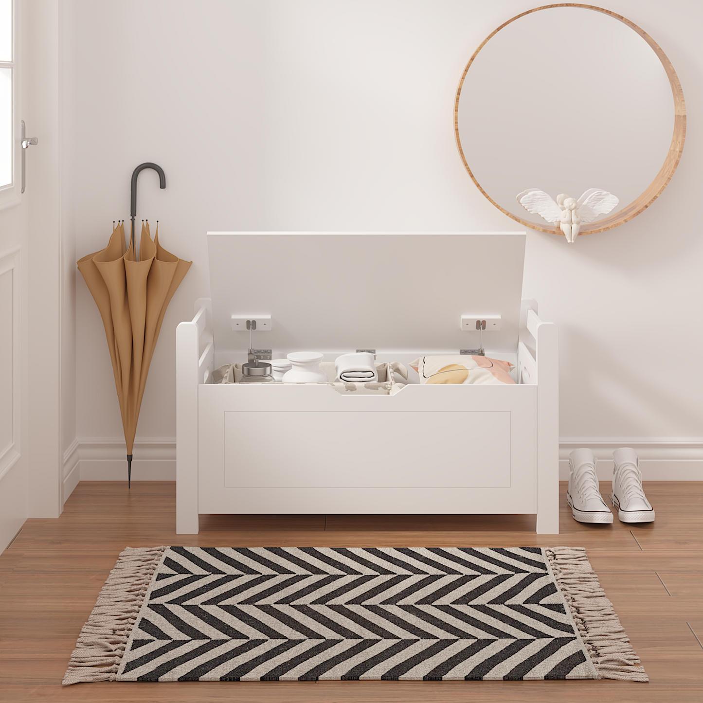 A white rubber wood children's toy box with soft cushioned seats, stools, flip covers, and safety hinges for toy storage