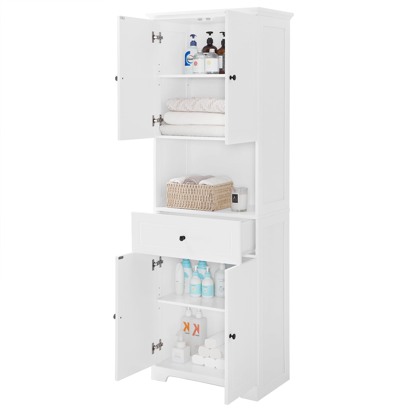 Tall Bathroom Cabinet with Four Doors, Large Storage Space Open Shelve, Upper Storage Cabinet, Whit