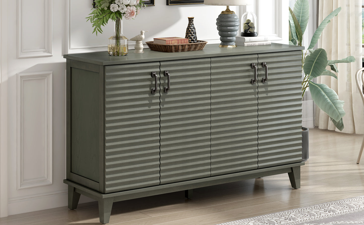 TREXM Side Panel Buffet with 4 Doors, Large Storage Cabinet with Adjustable Shelves and Metal Handles, Antique Gray