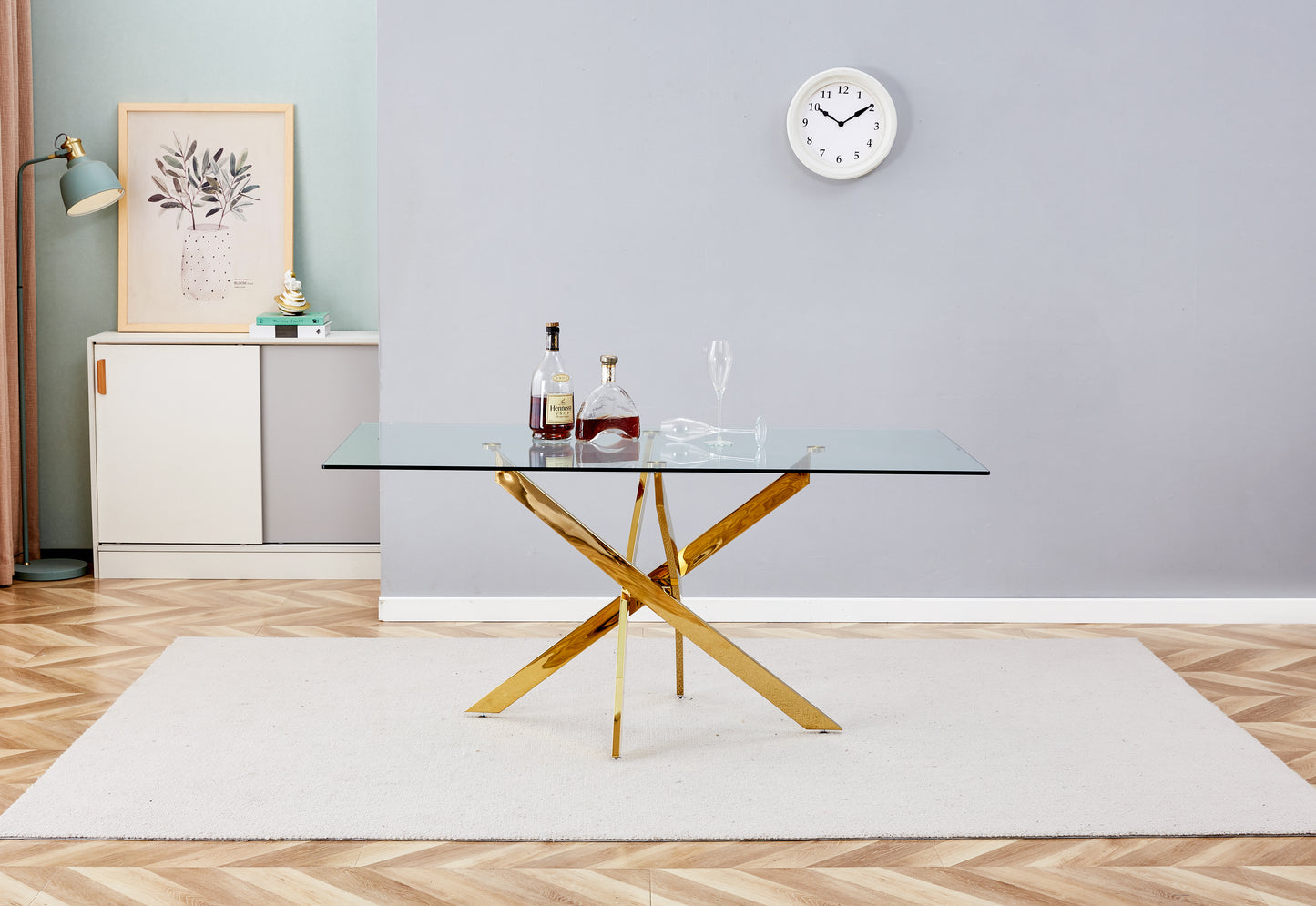 Tempered Clear Glass Dining Table with Golden Legs, 63-Inch Modern Design for Dining Rooms