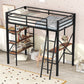 Twin Size Metal Loft Bed with Shelves and Desk, Black