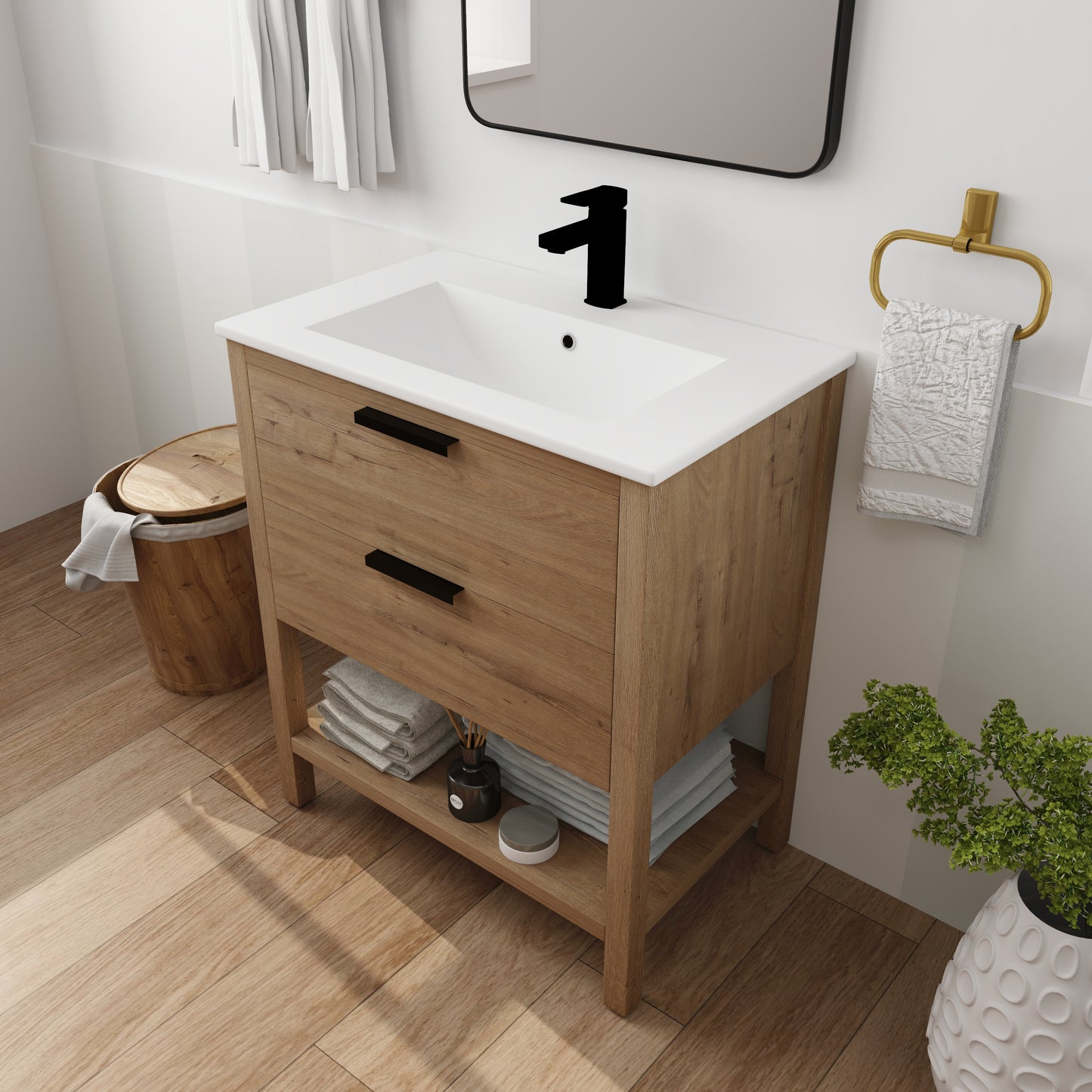 Mueble de baño de 30 pulgadas con construcción de madera contrachapada y 2 cajones, diseño moderno para baños