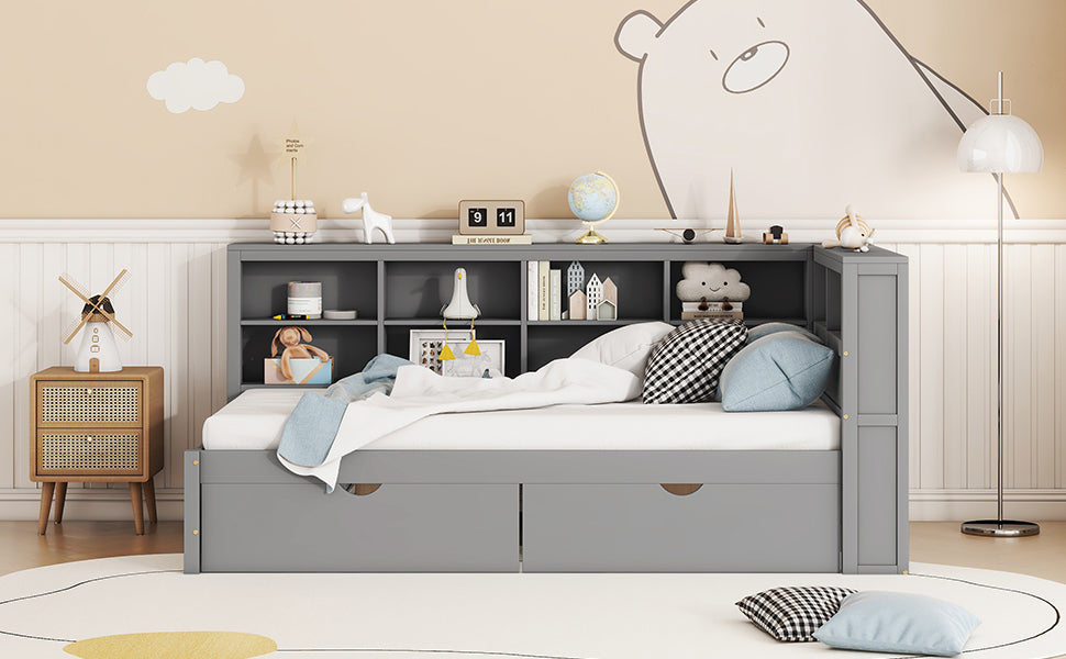 Wooden Twin Size DayBed with 2 Drawers, DayBed with Storage Shelf and USB Charging Ports,Grey