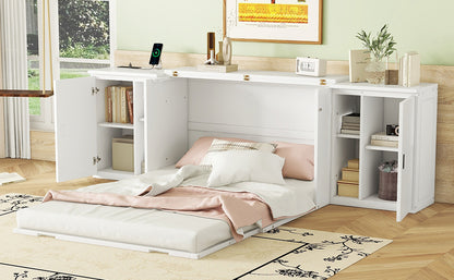 Cama plegable de tamaño completo con estantes, gabinetes y puertos USB, diseño que ahorra espacio en acabado blanco