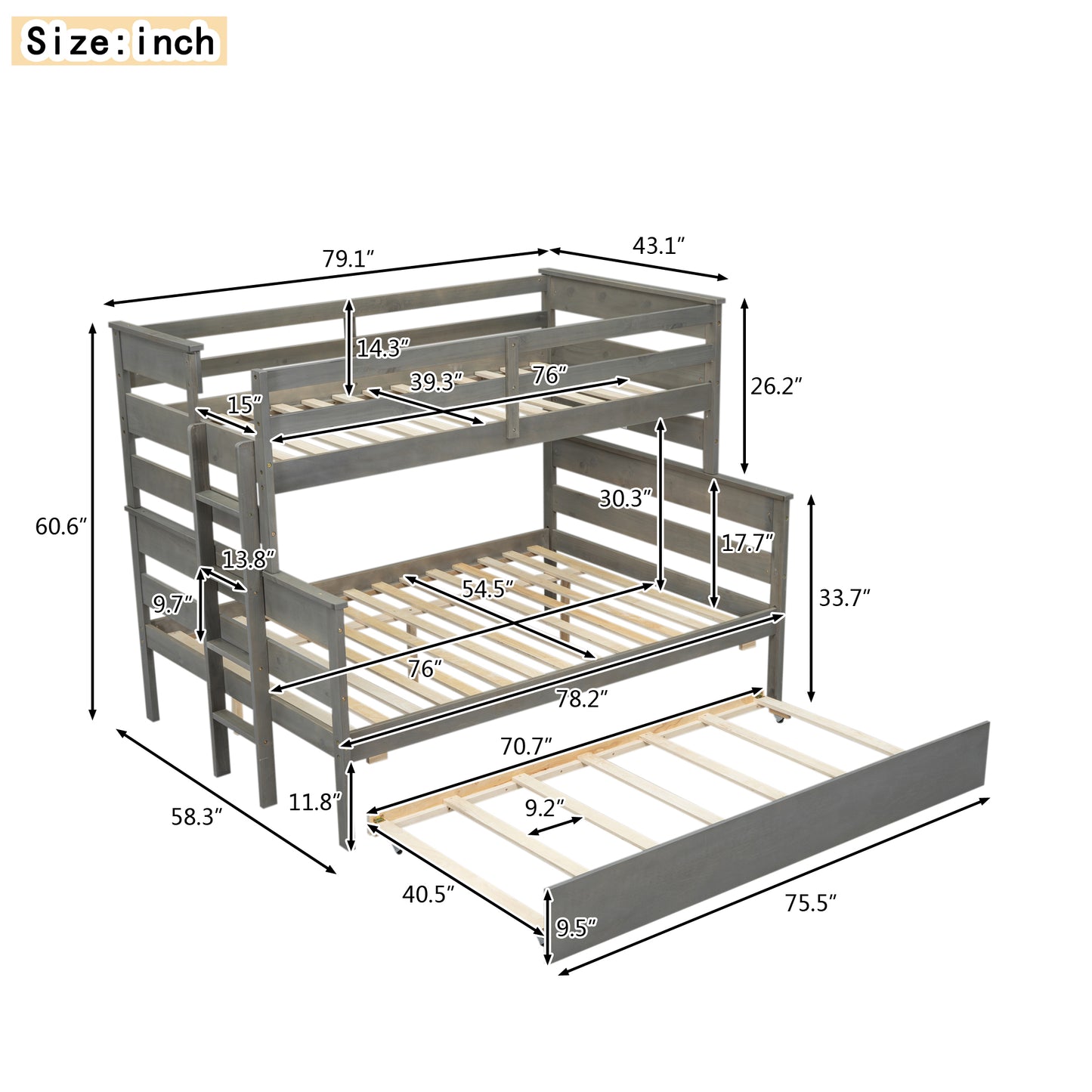 Wood Twin over Full Bunk Bed with Twin Size Trundle  Gray