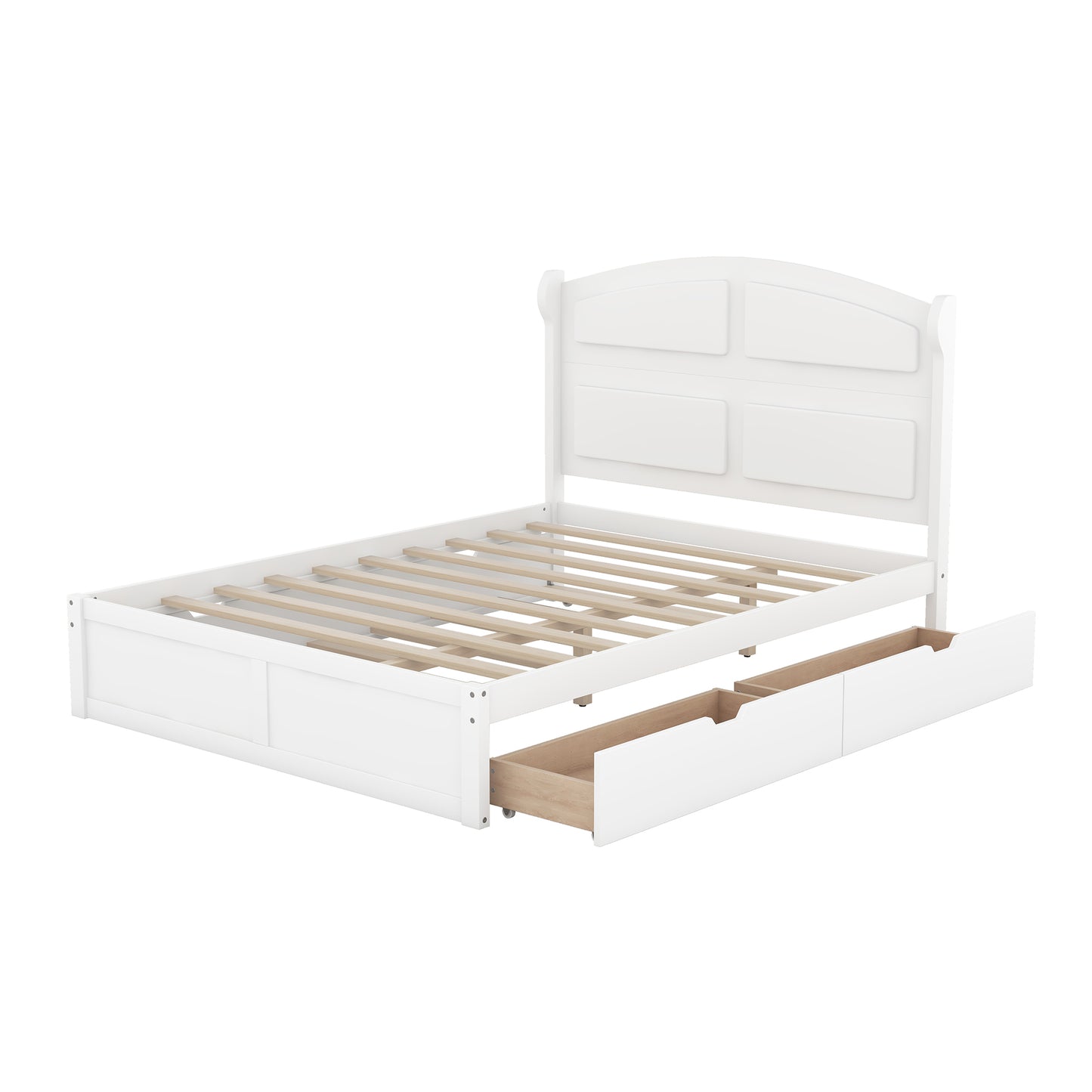 Wood Queen Size Platform Bed with Twin Size Trundle and 2 Drawers White