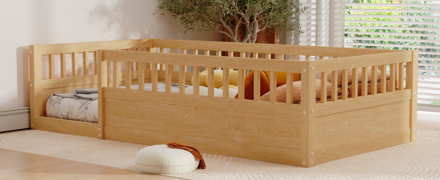 Twin Floor Bed Frame with Fence, Wood Kids Floor Beds Frame for Bedroom Playroom,Natural