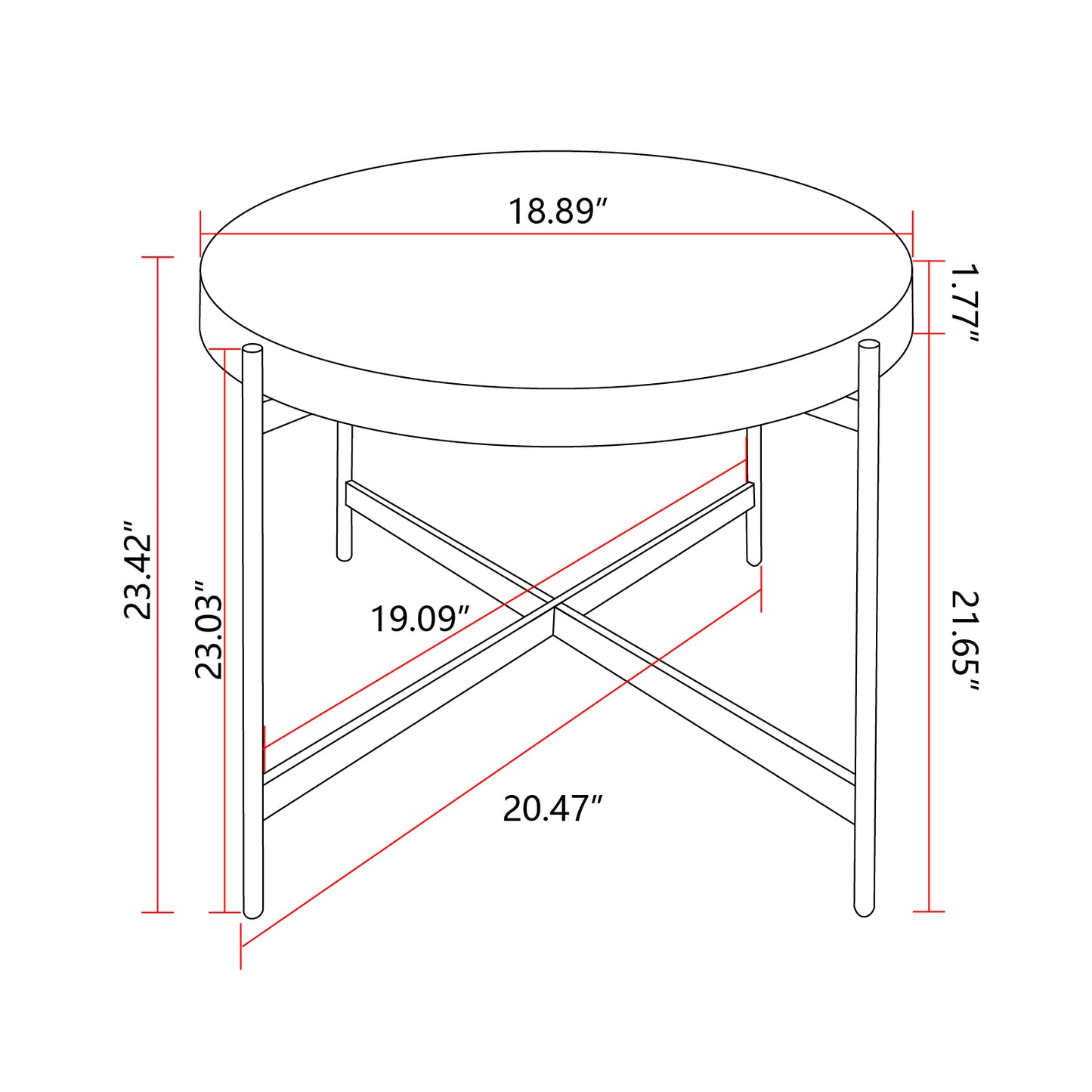 Mesa de centro redonda con diseño moderno de hilos, tablero de MDF con base de metal con patas cruzadas, juego de 2