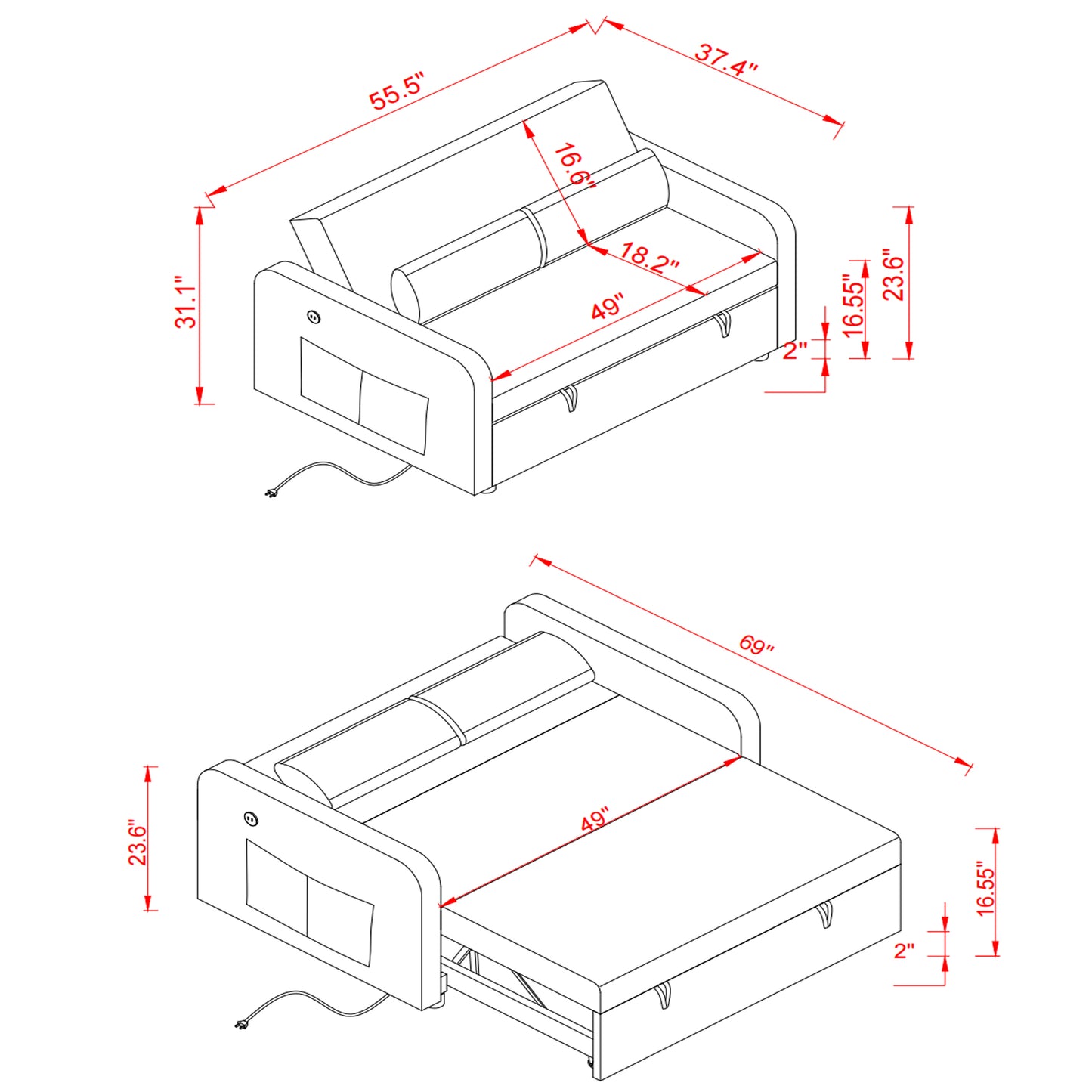 Sofá cama Twin en tela negra, diseño convertible elegante y funcional para espacios pequeños