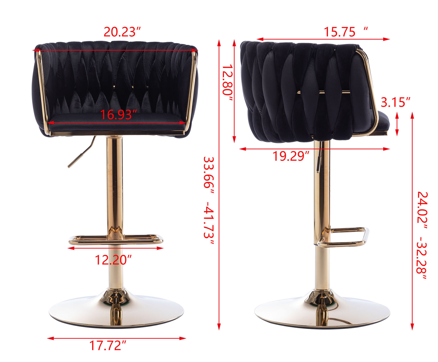 Set of 2 Bar Stools with Chrome Footrest and Swivel Base, Velvet Upholstery and Golden Legs, Black Finish